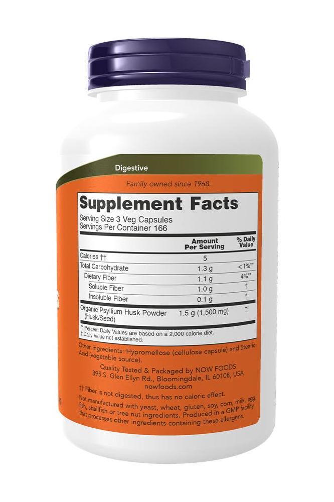 Now Foods Psyllium Husk supplement facts on a white bottle with orange label.