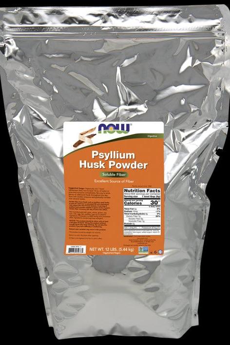 NOW Foods Psyllium Husk Powder in a 12 lb foil bag, rich in fiber, promotes digestion and supports heart health.
