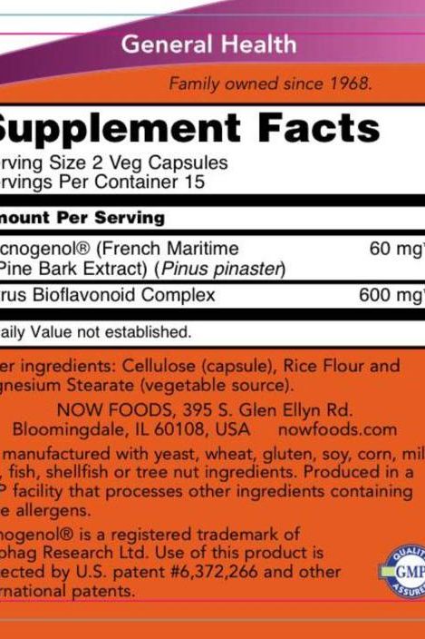 Supplement facts for Now Foods Pycnogenol 30 mg Veg Capsules showing ingredients and nutritional information.