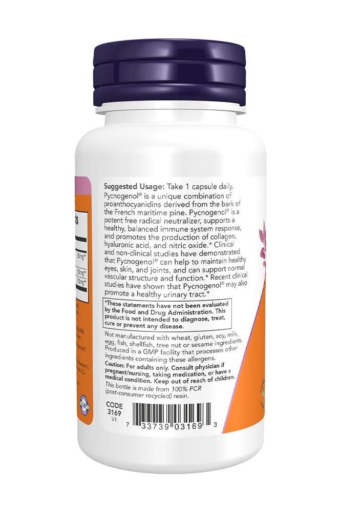 Now Foods Pycnogenol extra strength capsules back label with usage instructions and benefits listed.