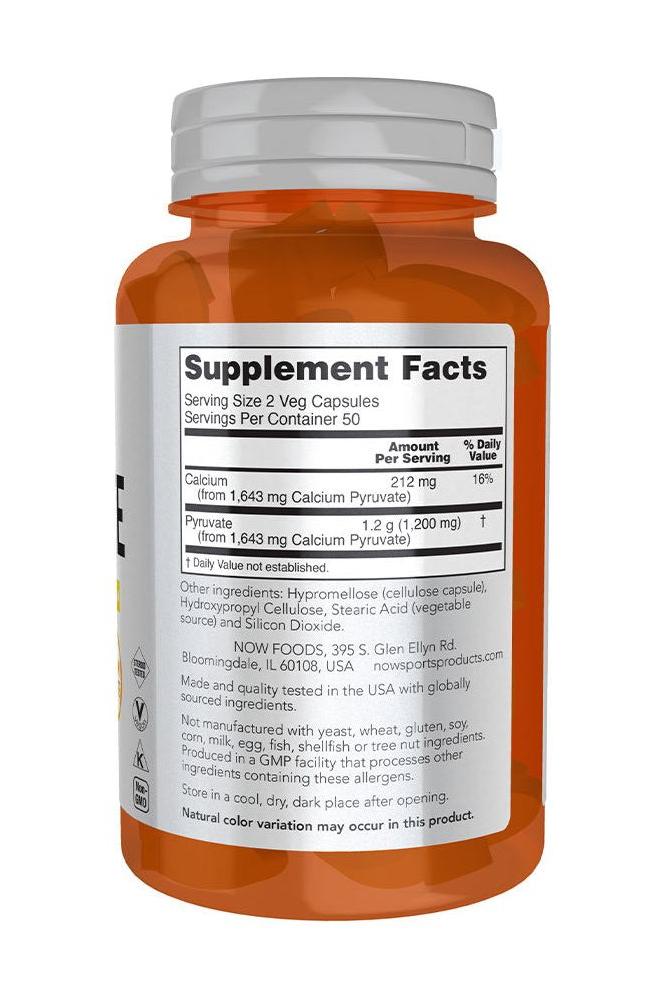 Now Foods Pyruvate 100 Veg Capsules supplement facts label showing nutritional information.