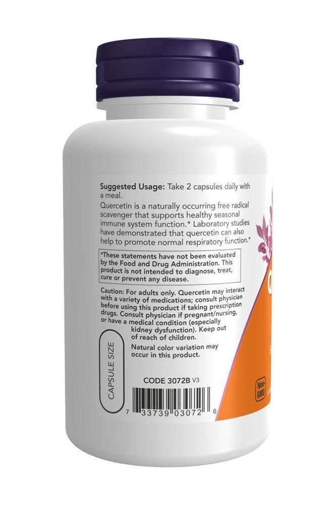 Now Foods Quercetin 500 mg veggie capsules bottle, supports immune function and respiratory health.