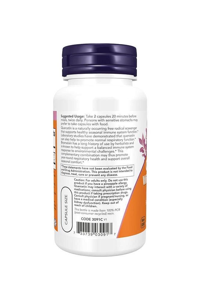 Now Foods Quercetin with Bromelain 60 capsules bottle back view with usage instructions.