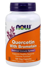 NOW Foods Quercetin with Bromelain supplement bottle, supports balanced immune system, 120 veg capsules.