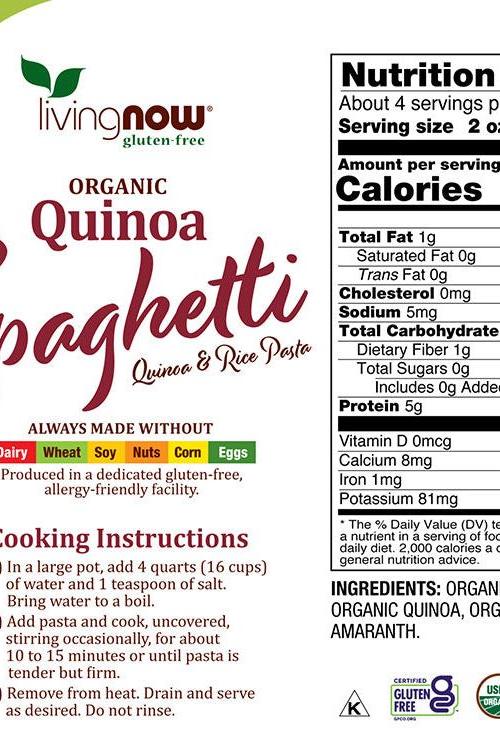 Now Foods Organic Quinoa Spaghetti Pasta packaging, gluten-free and allergen-friendly, with nutrition facts.