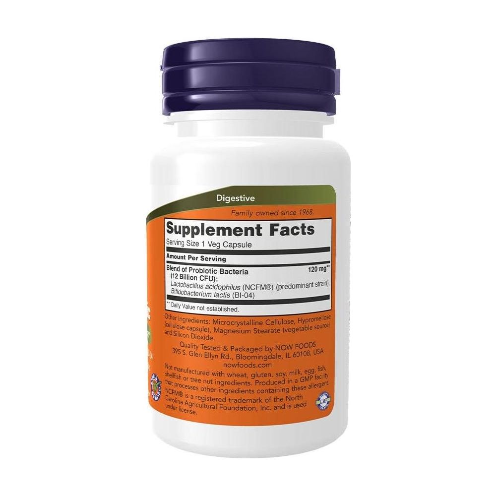 Now Foods Respiratory Care Probiotic supplement facts label on a bottle of 60 veg capsules.