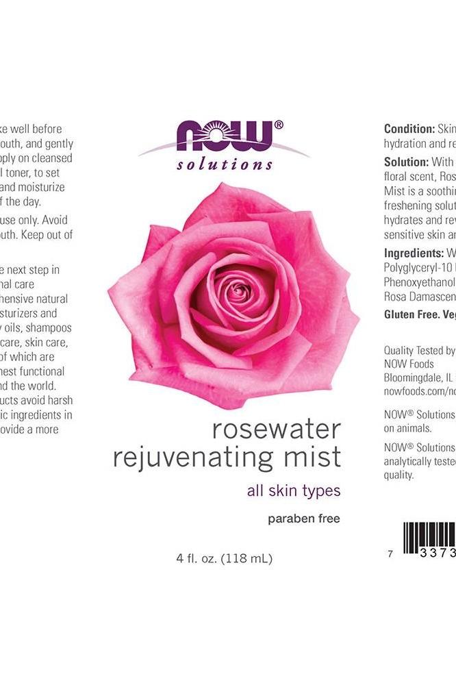 Now Foods Rosewater Rejuvenating Mist 118 ml, hydrating mist for all skin types, paraben free, floral scent.