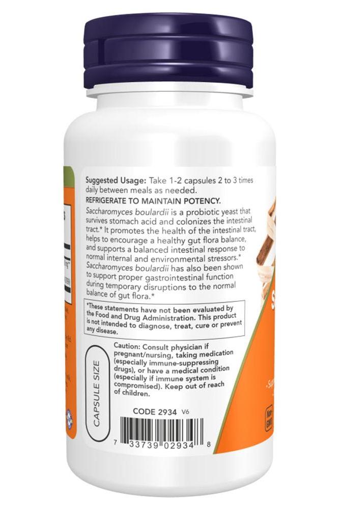 Now Foods Saccharomyces Boulardii probiotic capsules for intestinal health and balance, 60 count bottle.