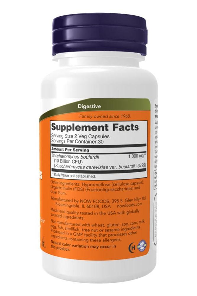 Now Foods Saccharomyces Boulardii supplement bottle, 30 servings, promotes digestive health and gut balance.