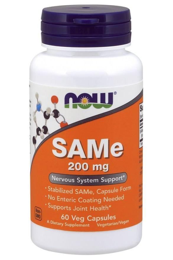 NOW Foods SAMe 200 mg capsule bottle for joint and nervous system support, vegetarian dietary supplement.