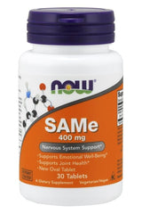 NOW Foods SAMe 400 mg supplement bottle for joint health and emotional well-being, 30 tablets.