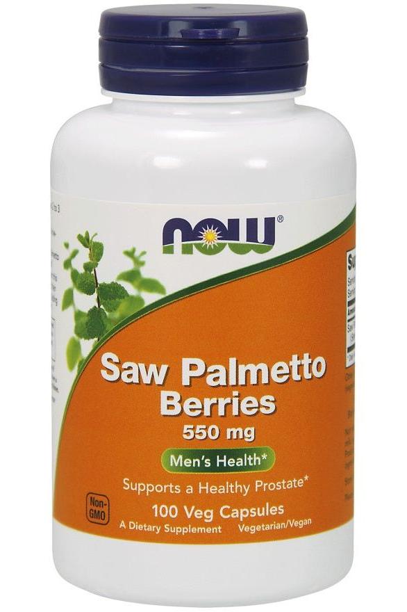 NOW Foods Saw Palmetto Berries supplement bottle for men's health and prostate support, 100 vegetarian capsules.