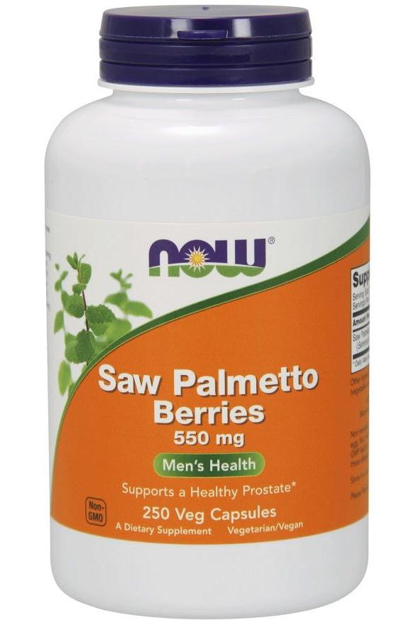 NOW Foods Saw Palmetto Berries 550 mg dietary supplement for men's health in a 250 veg capsules bottle.