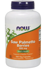 NOW Foods Saw Palmetto Berries 550 mg dietary supplement for men's health in a 250 veg capsules bottle.