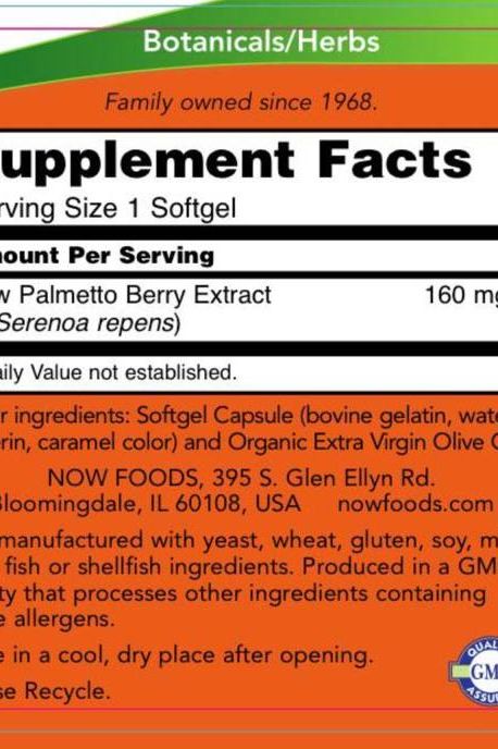 Supplement facts label for Now Foods Saw Palmetto Extract with 160 mg dosage details and ingredients.
