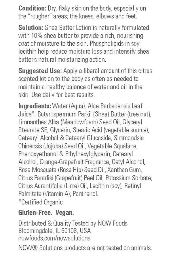NOW Foods Shea Butter Lotion 118ml for dry, flaky skin with 10% shea butter, nourishing formula, gluten-free and vegan.