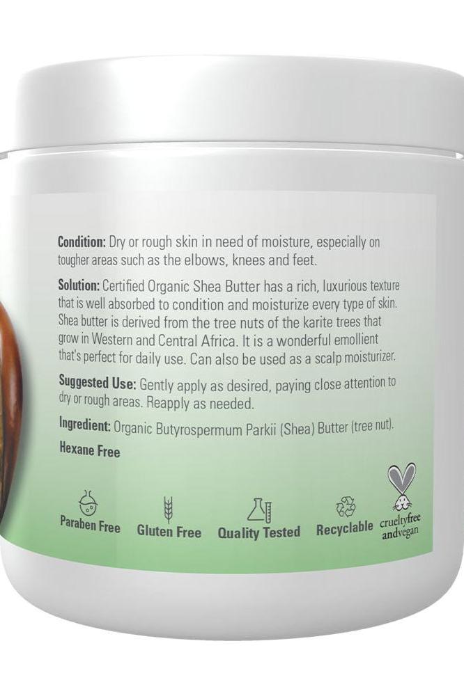 NOW Organic Shea Butter jar, highlights natural skin moisturizing benefits, cruelty-free, paraben-free, 207 ml.