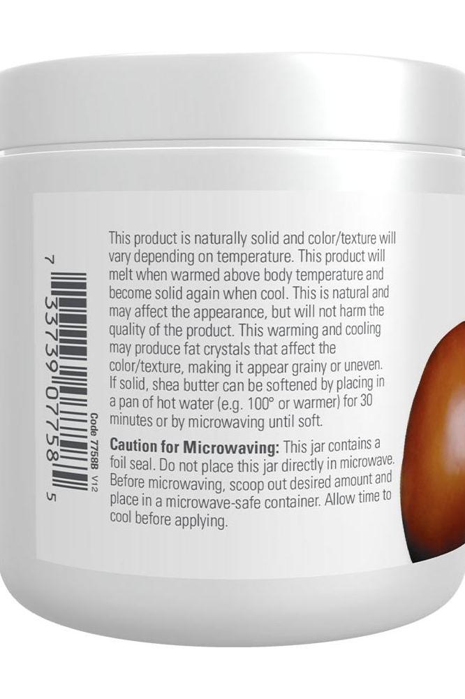 Now Foods Shea Butter jar showing usage instructions and product benefits for hydrating skin and hair.