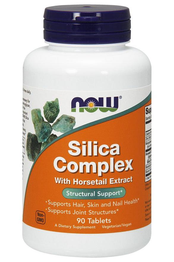 NOW Foods Silica Complex with Horsetail Extract for hair, skin, and nails support, 90 tablets dietary supplement.