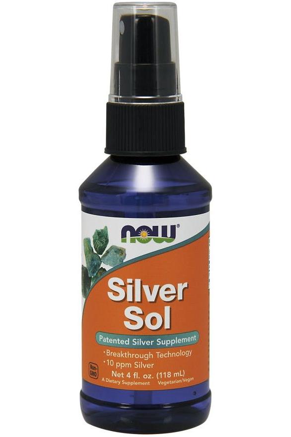 NOW Foods Silver Sol 4 oz spray bottle, a patented silver supplement with 10 ppm silver for immune support.