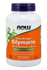 NOW Foods Silymarin Milk Thistle Extract bottle, 450 mg, supports liver function, 120 softgels.