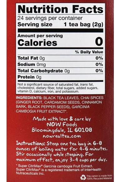 Nutrition facts label for NOW Foods Slender Chai Tea detailing calories and ingredients.