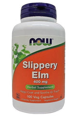 NOW Foods Slippery Elm 400 mg herbal supplement bottle for soothing GI tract, 100 vegetarian capsules.