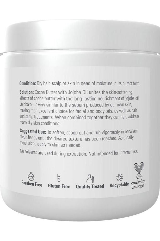 NOW Foods Cocoa Butter container with product details on benefits and usage instructions, suitable for dry skin and hair.