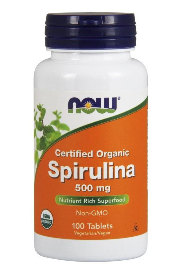 NOW Foods Spirulina Organic 500 mg, nutrient-rich superfood, 100 tablets, certified organic, non-GMO, vegetarian and vegan.