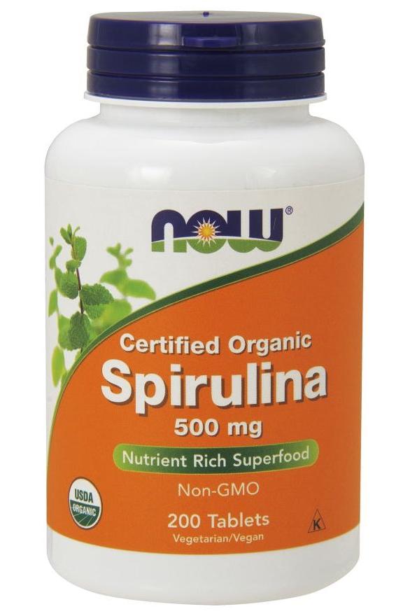 NOW Foods Organic Spirulina supplement bottle, 500 mg, 200 tablets, nutrient-rich superfood, non-GMO.