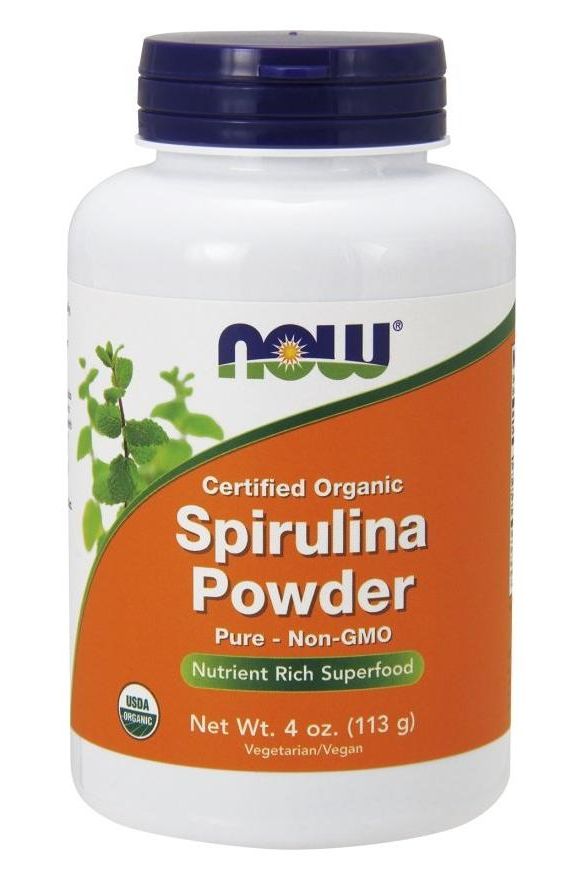 NOW Foods Certified Organic Spirulina Powder, a nutrient-rich superfood in a 4 oz container, pure and non-GMO.