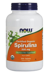 NOW Foods Organic Spirulina supplement bottle, 500 mg, nutrient-rich, non-GMO, 500 tablets.