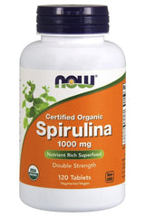 NOW Foods Certified Organic Spirulina 1000 mg, nutrient-rich superfood, 120 tablets for health boost.