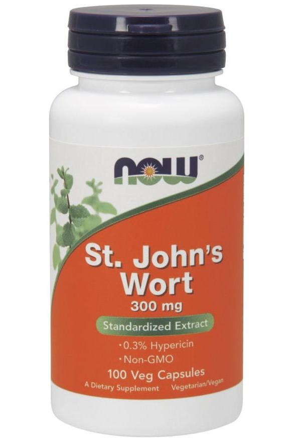 NOW Foods St. John's Wort supplement bottle, 300 mg, 100 veg capsules for mood support and anxiety relief.
