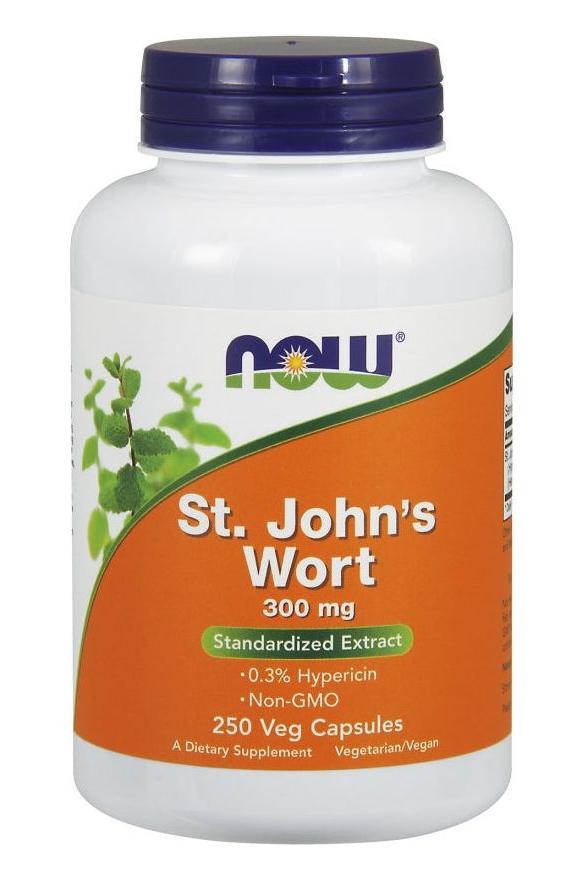 NOW Foods St. John's Wort supplement bottle, 300 mg, 250 veg capsules for mood support.