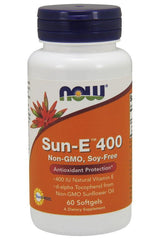 NOW Foods Sun-E 400 softgels, non-GMO vitamin E supplement for antioxidant support and cellular health.
