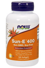 NOW Foods Sun-E 400 Vitamin E supplement bottle, 120 softgels, non-GMO, antioxidant support for cellular health.