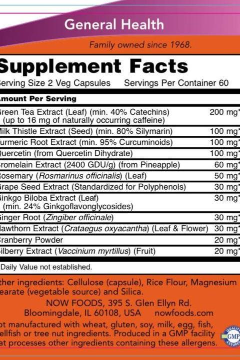 Supplement facts for Now Foods Super Antioxidants, detailing natural ingredients and dosages per serving.