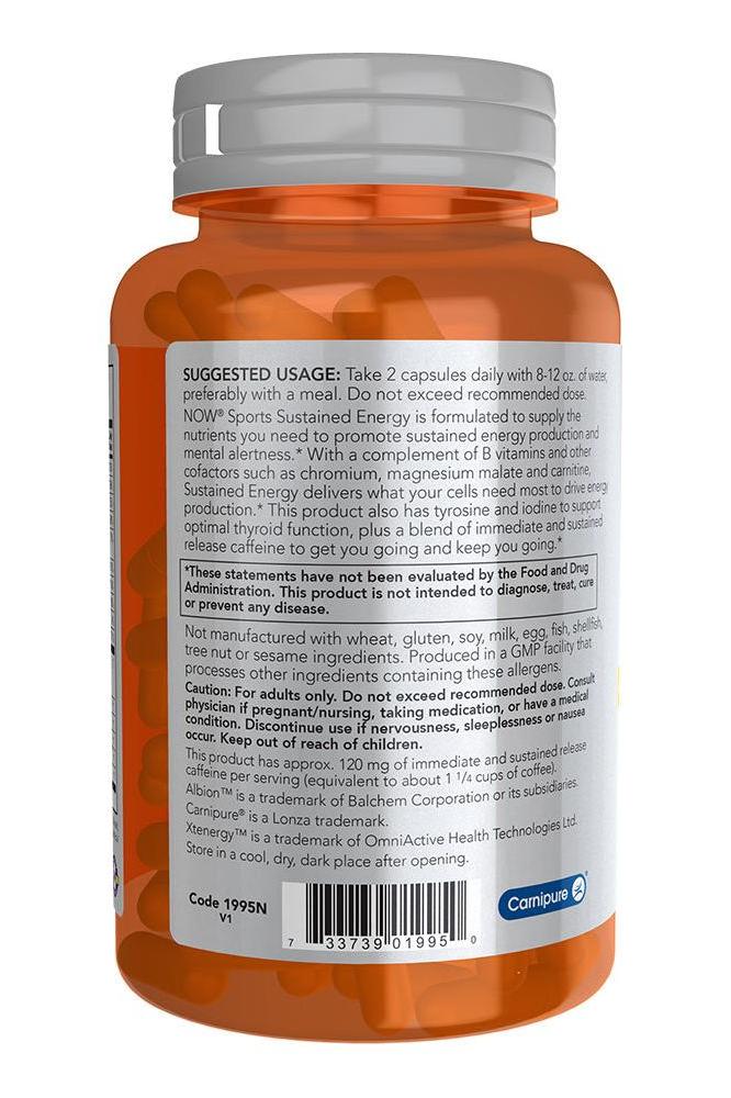 NOW Sports Sustained Energy capsules bottle with usage instructions and ingredients on label.