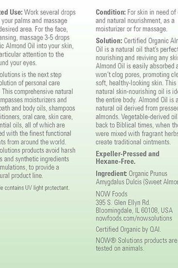Label for Now Foods Organic Sweet Almond Oil, detailing uses, benefits, and ingredients.
