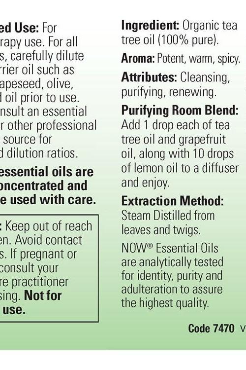 Label for Now Foods Organic Tea Tree Oil, detailing usage, ingredients, and extraction method.