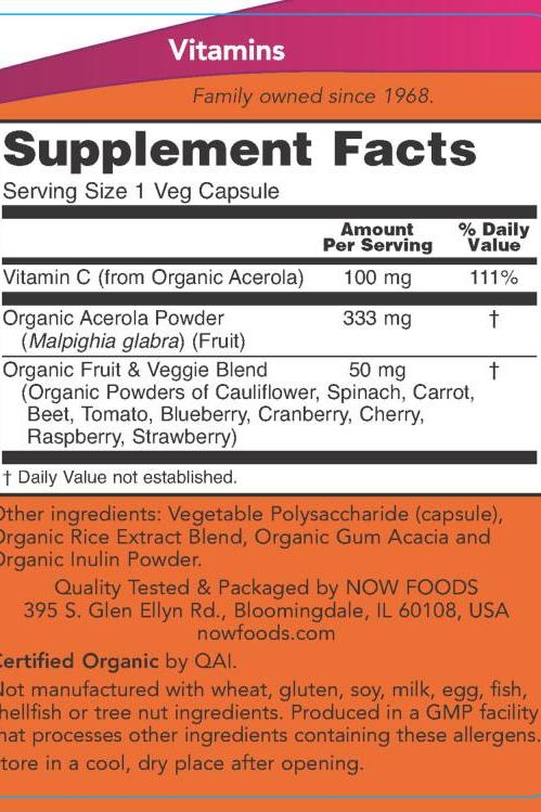 Supplement facts for Now Foods Tru-C 60 Veg Capsules, highlighting Vitamin C from organic Acerola and organic fruit powders.