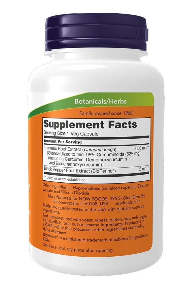 Now Foods Turmeric Curcumin supplement facts on a veg capsule bottle showing ingredients and serving size.