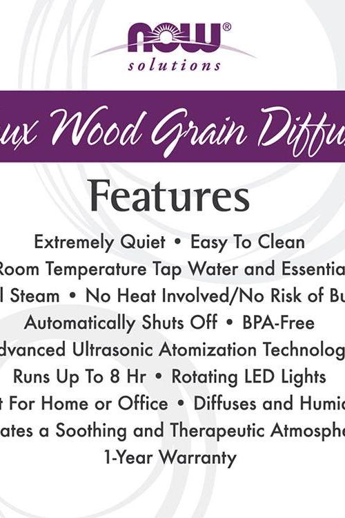 NOW Solutions Faux Wood Grain Diffuser features: quiet, easy to clean, BPA-free, and suitable for home or office use.