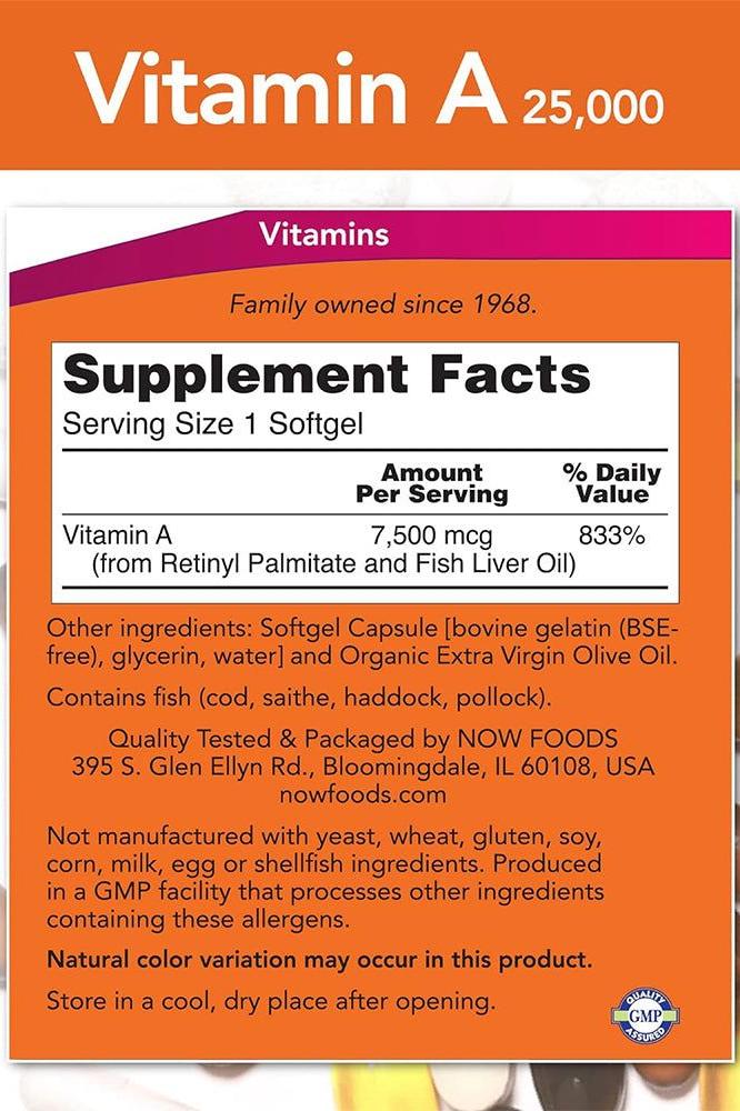 Vitamin A 25000 IU supplement facts showing nutritional information and ingredients listed on the label.