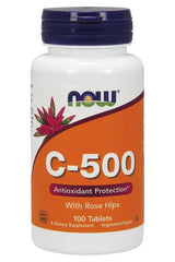 NOW Foods Vitamin C-500 supplement with Rose Hips, 100 tablets for immune support and antioxidant protection