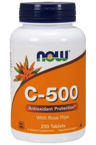 NOW Foods Vitamin C-500 supplement bottle with rose hips, 250 tablets, antioxidant protection