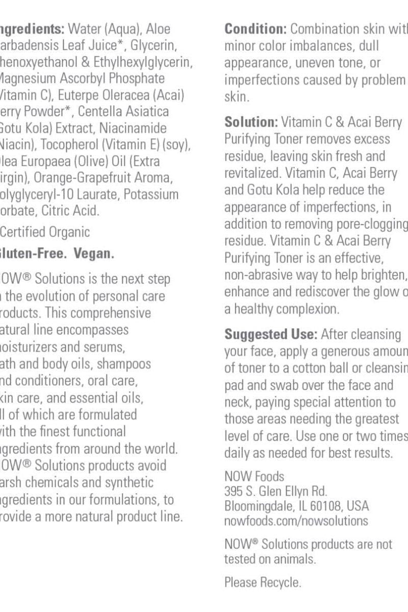 Now Foods Vitamin C & Acai Berry Toner ingredients including Aloe Vera, essential oils, and natural extracts.