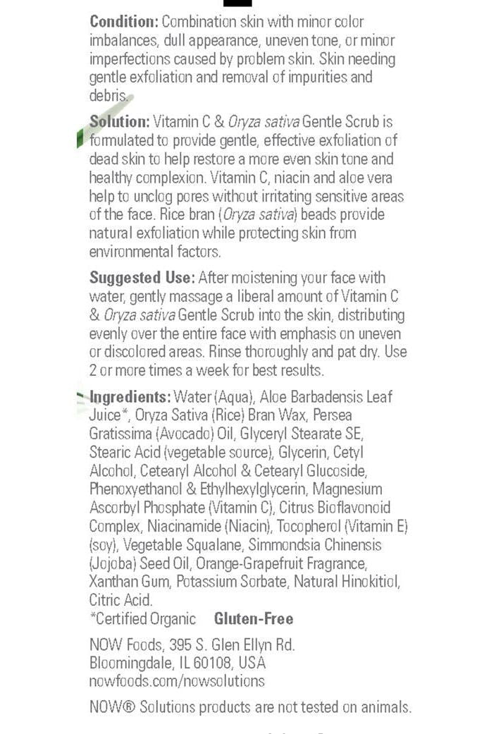 Label for NOW Vitamin C & Oryza Sativa Gentle Scrub detailing ingredients and usage instructions for skincare.