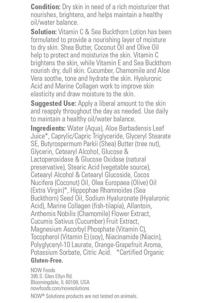 NOW Vitamin C & Sea Buckthorn Body Lotion ingredients and usage details for nourishing dry skin, 237 ml.